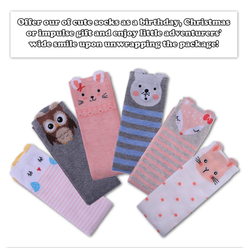 FNOVCO Girls Knee High Socks Kids Crazy Fun Gift Cute Animal Patterns Cotton Long Socks 6 Pairs (6 Pairs Cute Animal 01) - Image 2